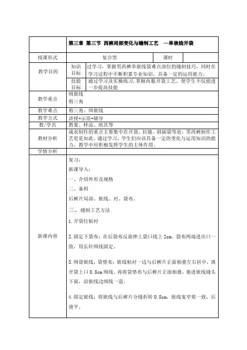 中职服装工艺教案： 西裤局部变化与缝制工艺——单嵌线开袋