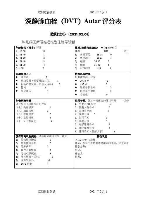 深静脉血栓(DVT)Autar评分表之欧阳歌谷创编