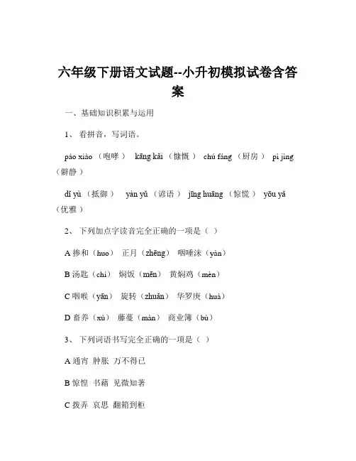 六年级下册语文试题--小升初模拟试卷含答案