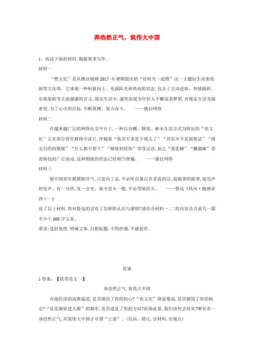 2019届高三语文二轮复习 作文审题立意特训10 养浩然正气筑伟大中国(含解析)