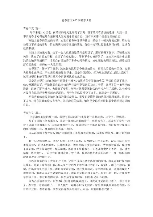 青春作文600字精彩5篇
