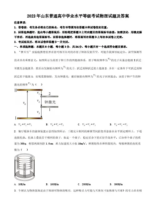 2023年山东普通高中学业水平等级考试物理试题及答案