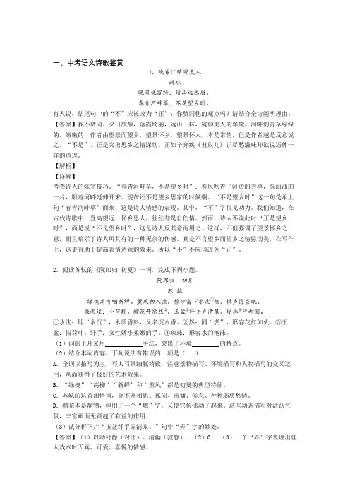2020-2021中考语文 诗歌鉴赏 培优易错试卷练习(含答案)附答案解析