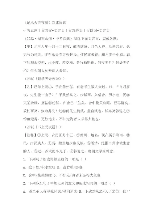《记承天寺夜游》对比阅读练习(含答案)
