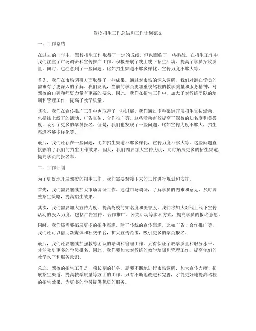 驾校招生工作总结和工作计划范文