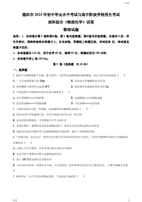 2023四川省德阳市中考物理真题试卷和答案