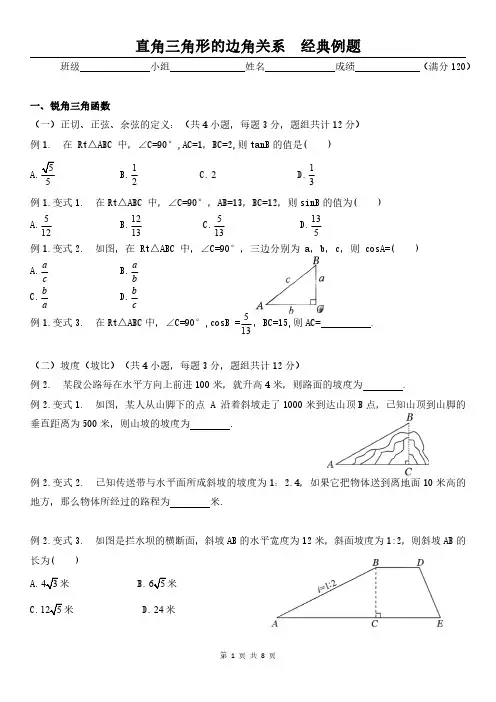 人教版苏科版初中数学—直角三角形的边角关系(经典例题 )