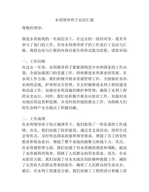 水利领导班子总结汇报