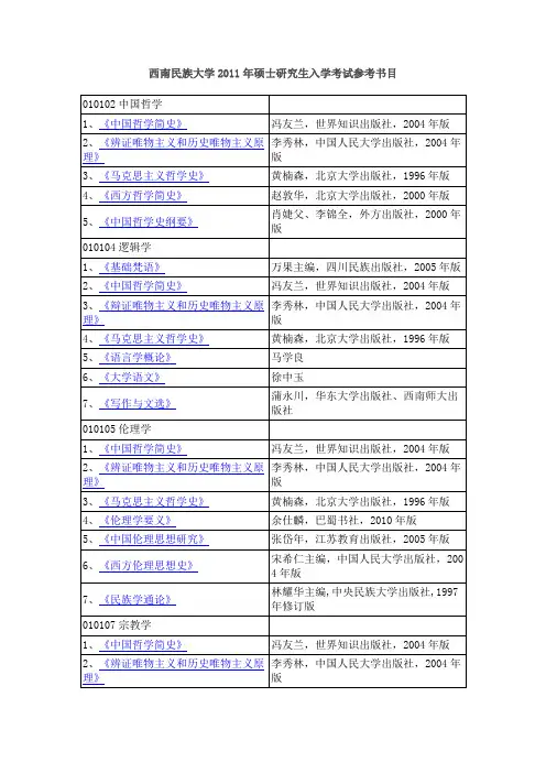 西南民族大学2011年硕士研究生入学考试参考书目
