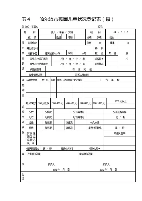 孤困儿童状况登记表例子表格