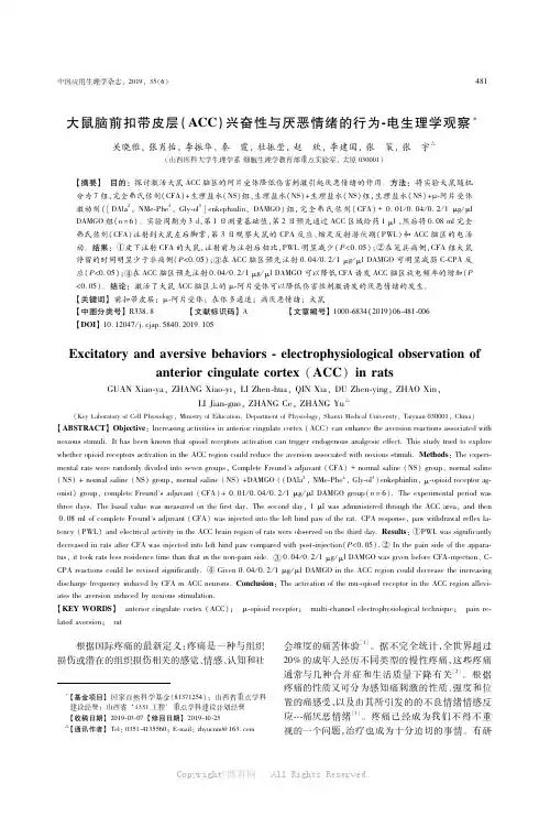 大鼠脑前扣带皮层(ACC)兴奋性与厌恶情绪的行为-电生理学观察