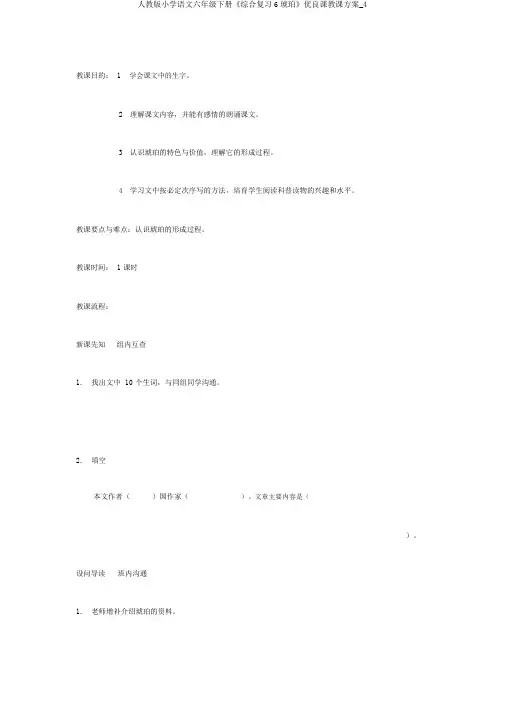 人教版小学语文六年级下册《综合复习6琥珀》优质课教学设计_4