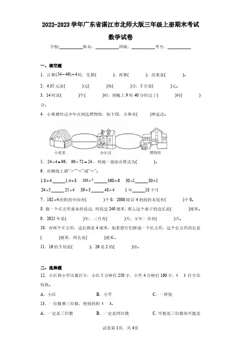 2022-2023学年广东省湛江市北师大版三年级上册期末考试数学试卷(含答案解析)
