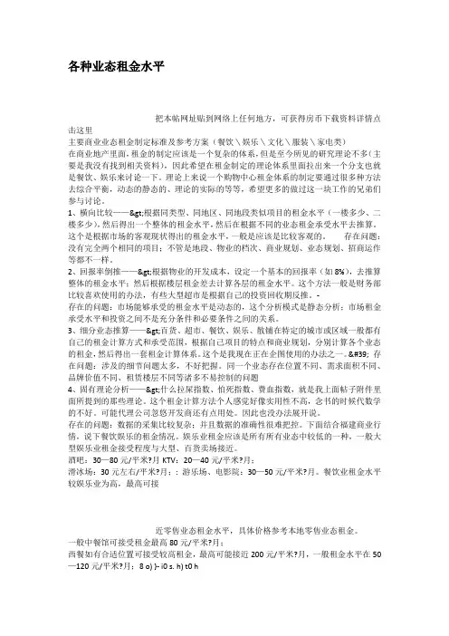 各种业态租金水平