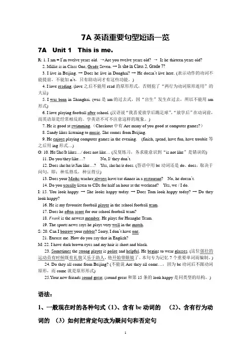 7A英语重要句型短语一览