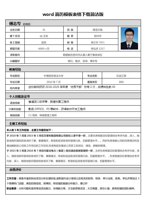 word简历模板表格下载简洁版