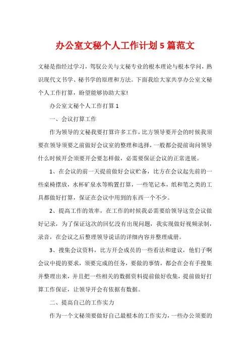 办公室文秘个人工作计划5篇范文