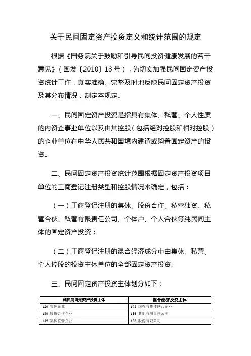 国家统计局关于印发民间固定资产投资定义和统计范围的规定的通知