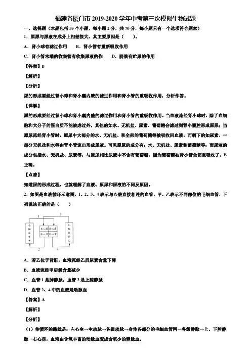 福建省厦门市2019-2020学年中考第三次模拟生物试题含解析