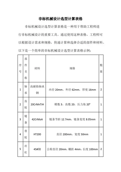 非标机械设计选型计算表格
