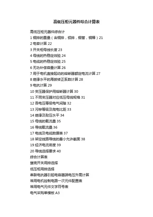 高低压柜元器件综合计算表