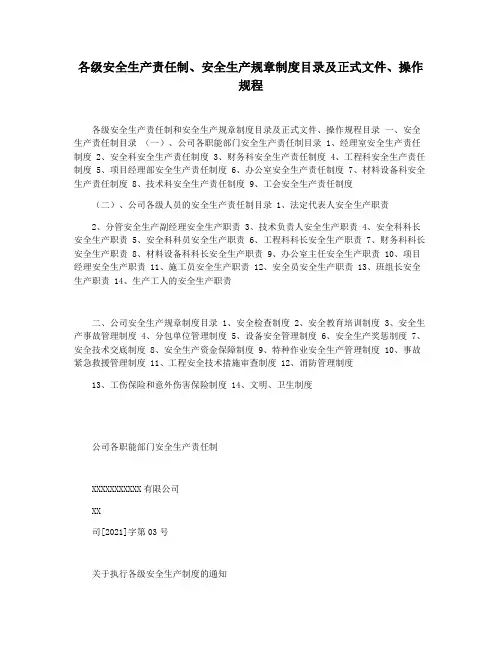 各级安全生产责任制安全生产规章制度目录及正式文件操作规程