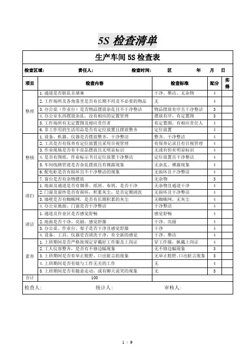 5S检查清单