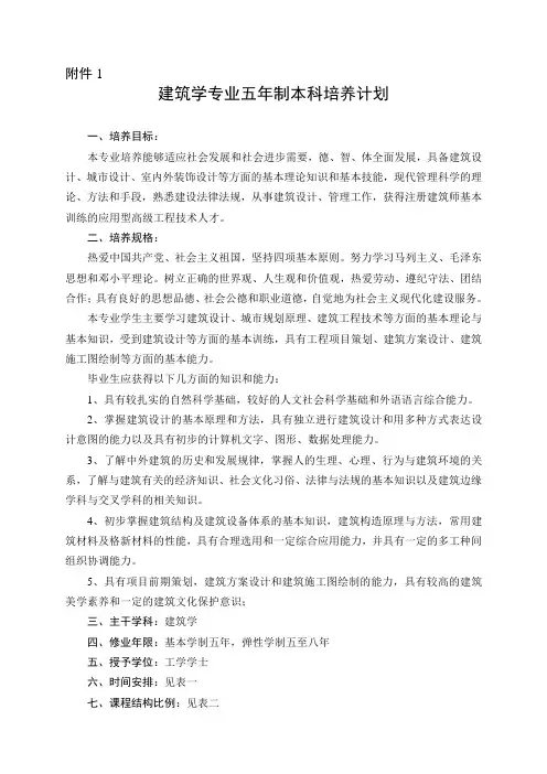 建筑学专业五年制本科培养计划