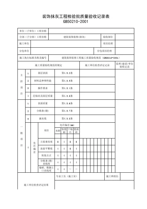 装饰抹灰工程检验批质量验收记录表