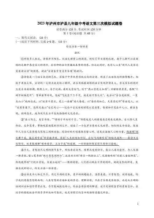 2023年泸州市泸县九年级中考语文第三次模拟试题卷附答案解析