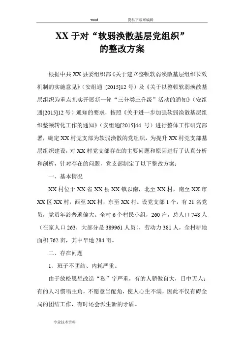 乡镇某某村“软弱涣散基层党组织”整改方案说明
