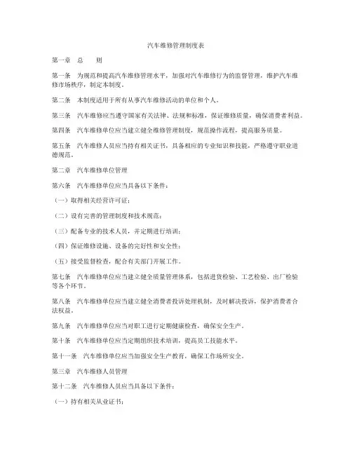 汽车维修管理制度表