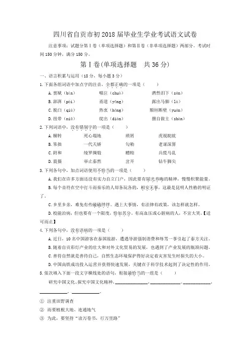 四川省自贡市2018年中考语文试题(含答案)