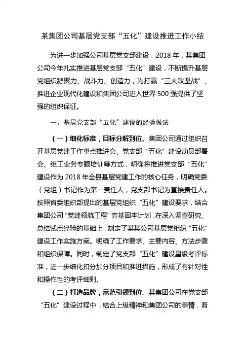 某集团公司基层党支部“五化”建设推进工作小结