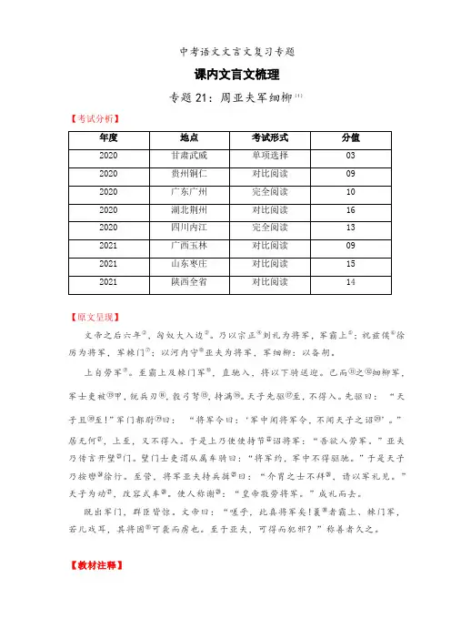2022年中考语文课内文言文梳理21 周亚夫军细柳