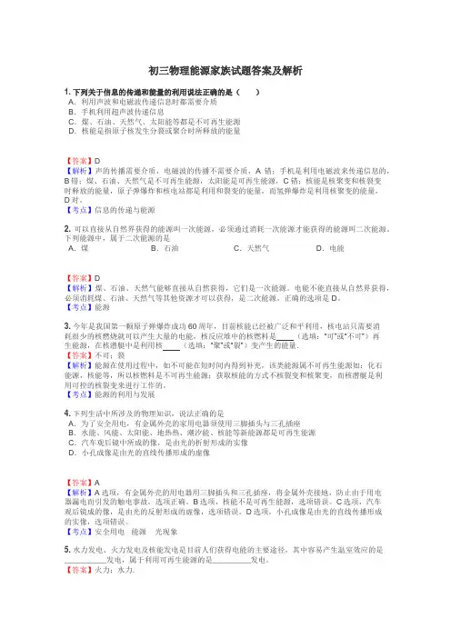 初三物理能源家族试题答案及解析
