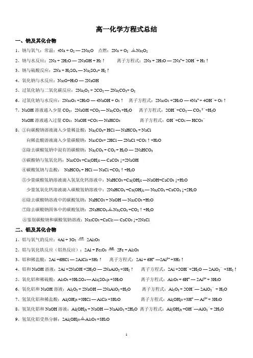 人教版高一化学方程式大全