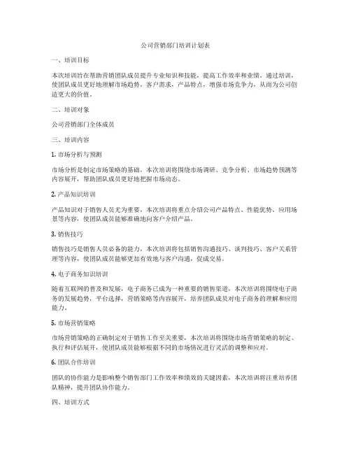 公司营销部门培训计划表
