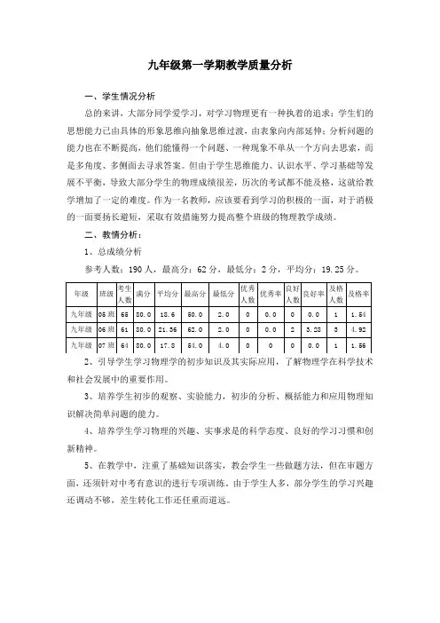 九年级第一学期教学质量分析物理