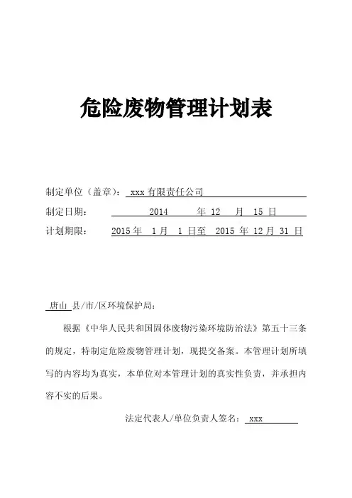 危险废物管理计划表