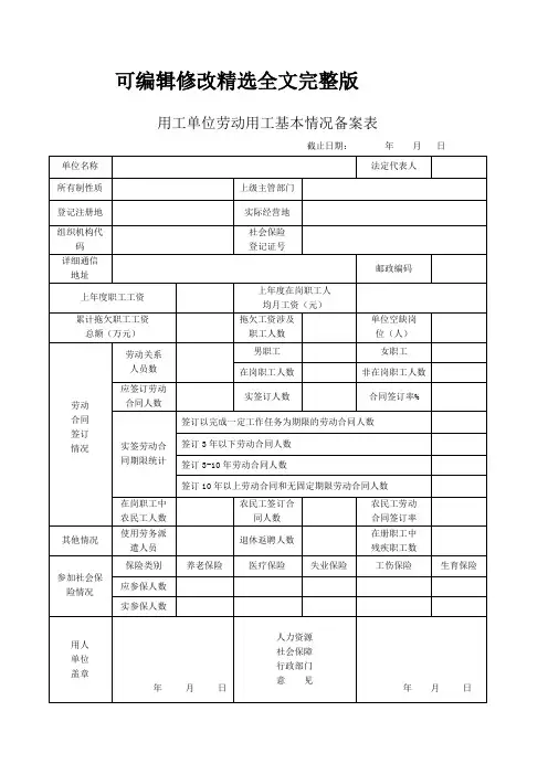 用工单位劳动用工基本情况备案表精选全文完整版