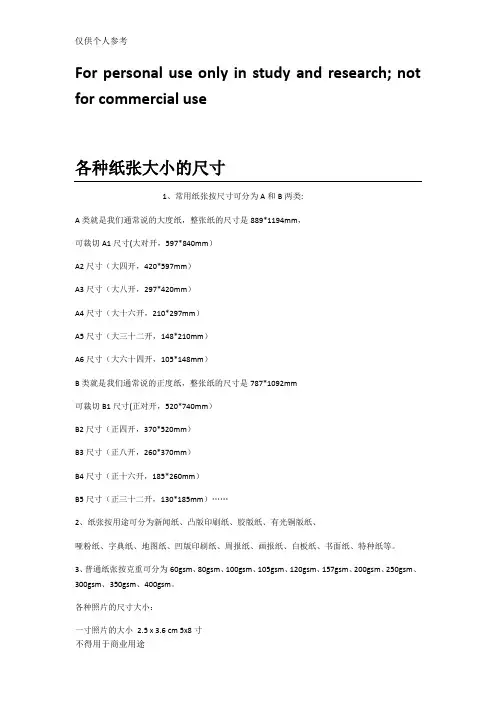 各种纸张大小的尺寸
