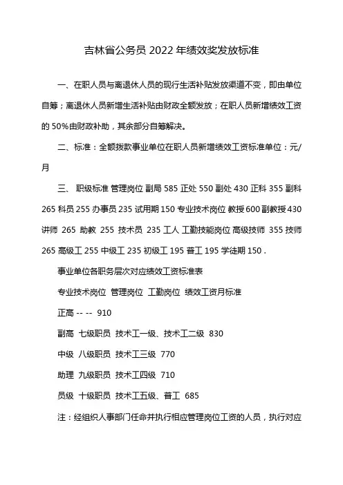 吉林省公务员2022年绩效奖发放标准