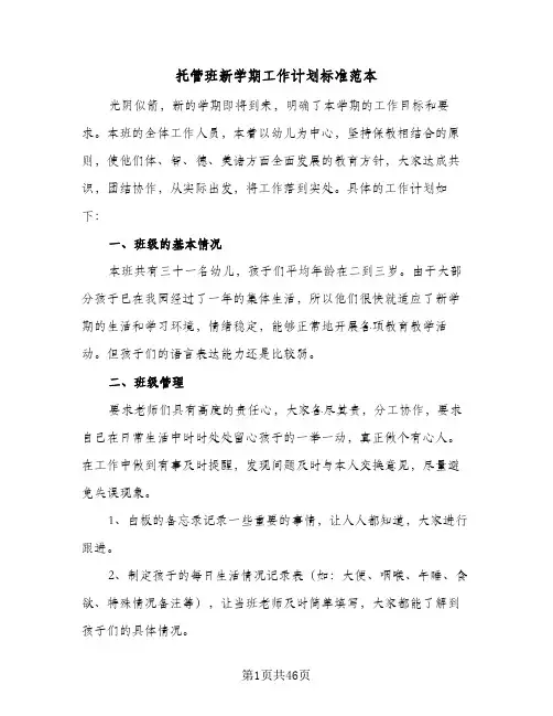 2024年托管班新学期工作计划标准范本（6篇）