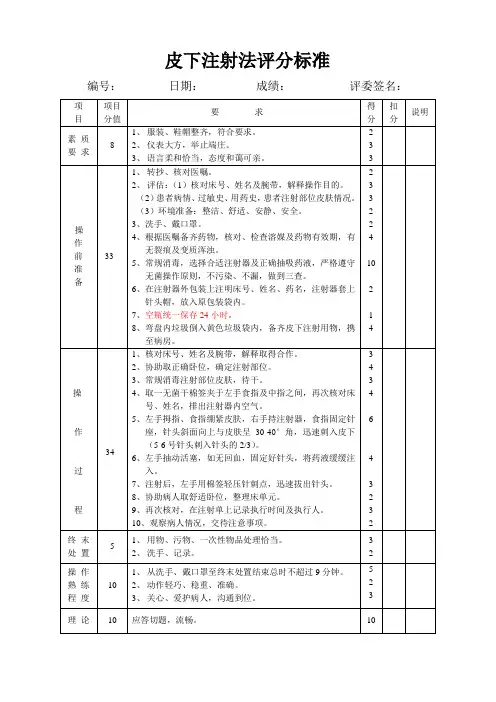 皮下注射法评分标准