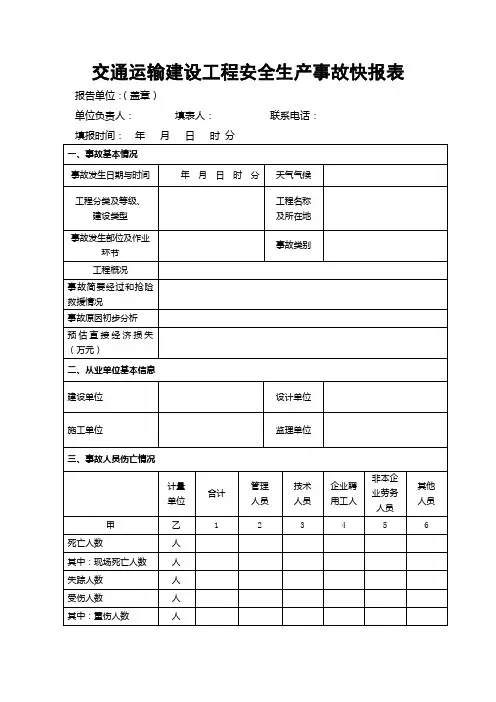 交通运输建设工程安全生产事故快报表
