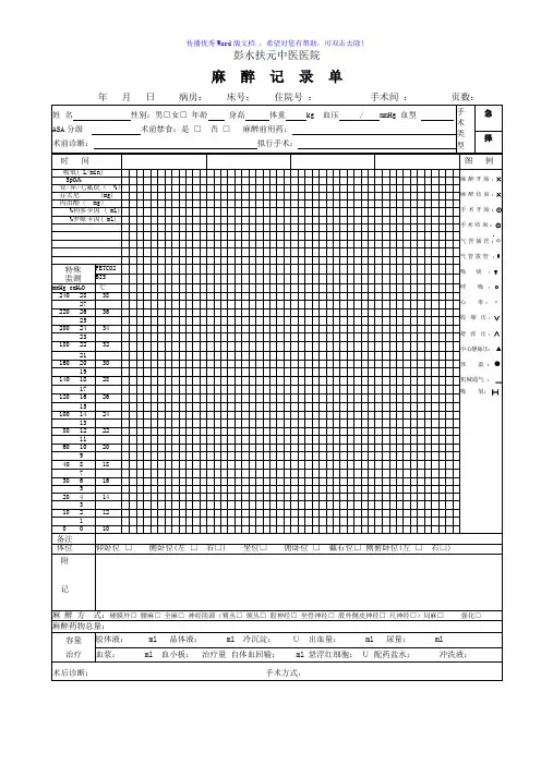 麻醉记录单(正反面打印)Word版