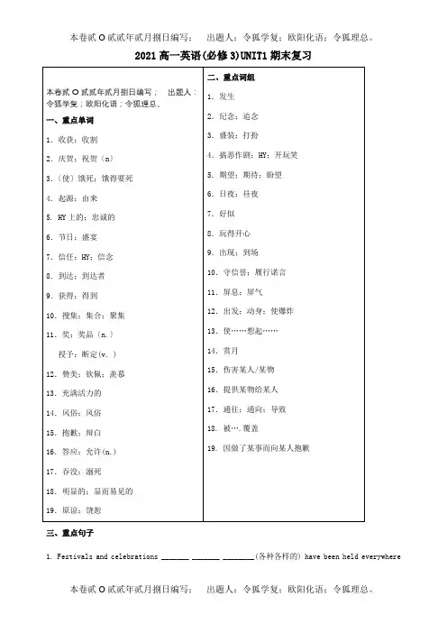 高中英语 Unit1期末复习题必修3 试题