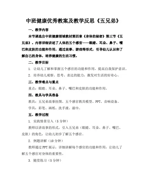 中班健康优秀教案及教学反思《五兄弟》