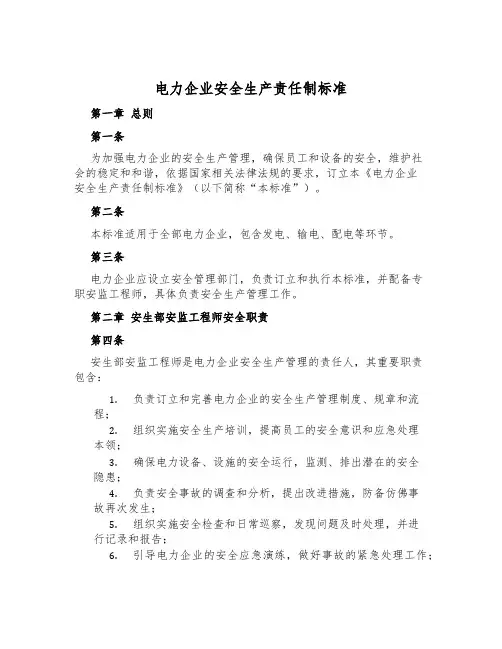电力企业安全生产责任制标准